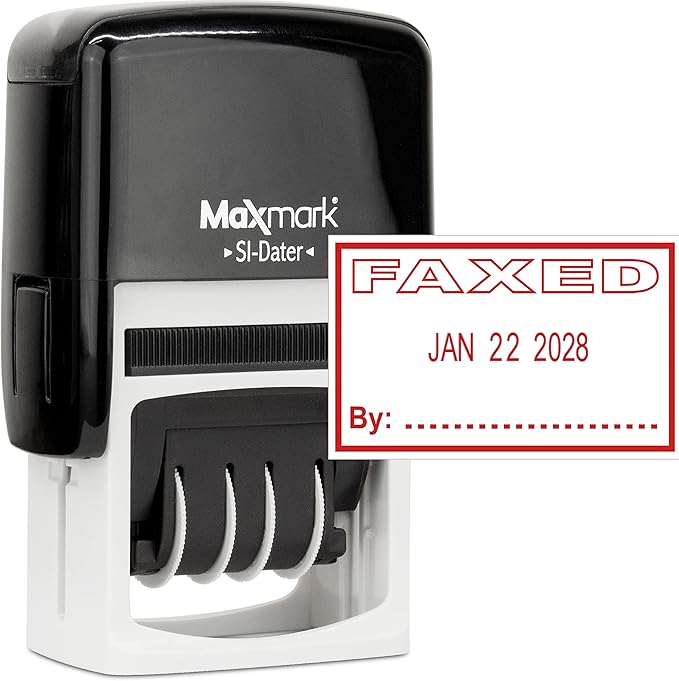 MaxMark Office Self Inking Date Stamp with Phrase Faxed - Red Ink