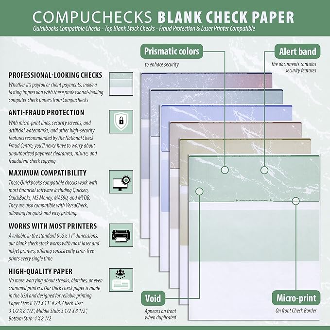 Compuchecks Check on Top Blank Check Paper - 2500 Pack, Quick-Books & Laser Printer Compatible - Security Business Checks with Voucher - 8.5" x 11" Blue Pinstripe