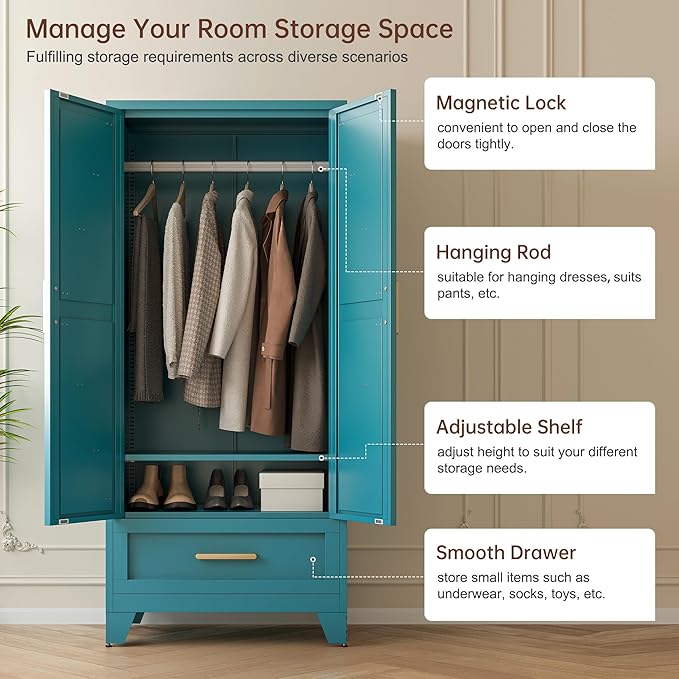 71" Tall Metal Wardrobe Cabinet with Drawer and Hanging Rod, 2 Doors Armoire Wardrobe Closet with Shelf for Bedroom, Office, Laundry Room, Blue