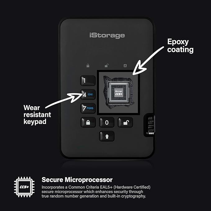 iStorage diskAshur2 HDD 3TB Black - Secure portable hard drive - Password protected - Dust & water resistant - Hardware Encryption