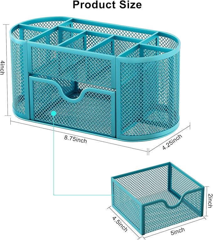 EasyPAG Mesh Pen Holder Desk Organizer with Drawer Stationery Supplies Organizer for Dorm School 9 Compartments Workspace Desk Accessories Organization for Office, Blue