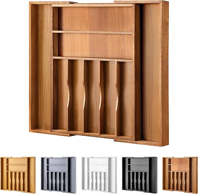 oridom Large Premium Acacia Silverware Organizer - Expandable Drawer Organizer & Utensil Organizer - 17"x19.7" Cutlery Tray with Dividers for Kitchen Utensils and Flatware (7-9 Slots) Acacia