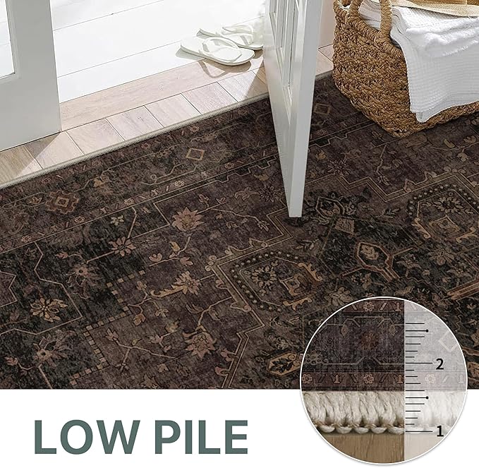 GENIMO 8x10 Area Rugs for Living Room, Machine Washable Rug, Non Slip Indoor Vintage Rug, Low Pile Lightweight Chenille Print Carpet for Bedroom Dining Room Home Office, Charcoal Brown
