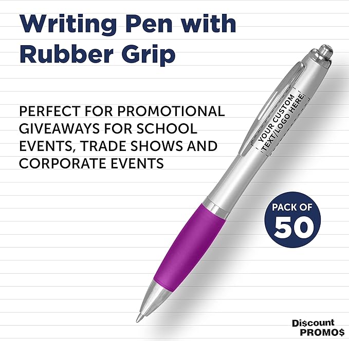 DISCOUNT PROMOS Personalized Ballpoint Pens With Rubber Grip, 50 pack Customizable Ergonomic Click-to-Write Custom Writing Pens for School with Black Ink, Purple