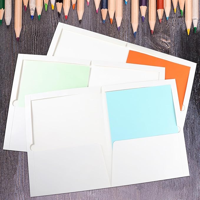 Yeaqee 200 Pack 2 Pockets Glossy Laminated Paper Folder First Day of School Presentation Folder Letter Size Two Pocket File Portfolio Holder Back to School Items Bulk for Teacher Office (White)
