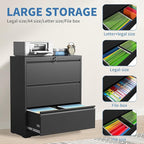 FLIXELIO 3 Drawer File Cabinet, Black Office Cabinets with Lock, Heavy Duty Metal Filing Cabinet for Home Office, Horizontal Lockable File Cabinet for Legal/Letter/A4 Size Files, Require Assembly