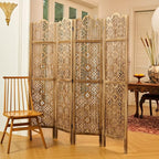 68.9Inch Folding Room Divider, 4 Panels Wood Carved Privacy Screens - Ideal Decorative Partition for Home, Office, Restaurant, Bedroom (Dark Brown)