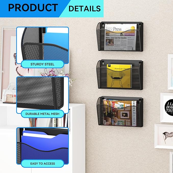 GDINDINFAN 6 Single Pocket Wall File Holder, Mesh Hanging File Folder Paper Organizer, Vertical Wall Mounted Mail Basket, Storage Organization Magazine Rack for Office, Home and School, Black
