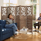 Room Divider Wood Carved Wall Divider Indoor Folding Portable Partition Screen for Home Office Garden Terrace - 6 Panel, 67 * 90inch (Dark Brown)