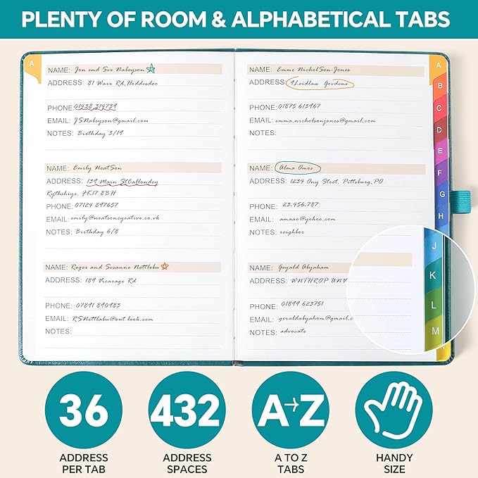 Address Book with Colorful Alphabetical Tabs (8.4" x 5.7") – Hardcover Contact Organizer for Website Passwords, Telephone, Software Licenses, and Important Information – Blue