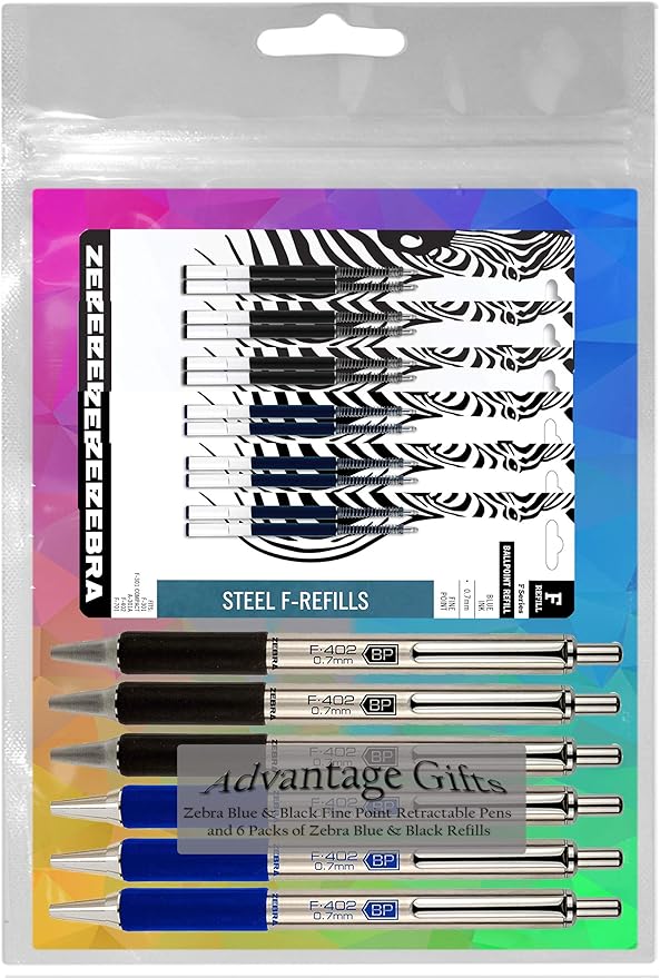 Zebra F-402 Ballpoint Stainless Steel Retractable Pens With Refills, Fine Point, 0.7mm, Black/Blue Ink, 12-Count Bundle with Plastic Reusable Pouch