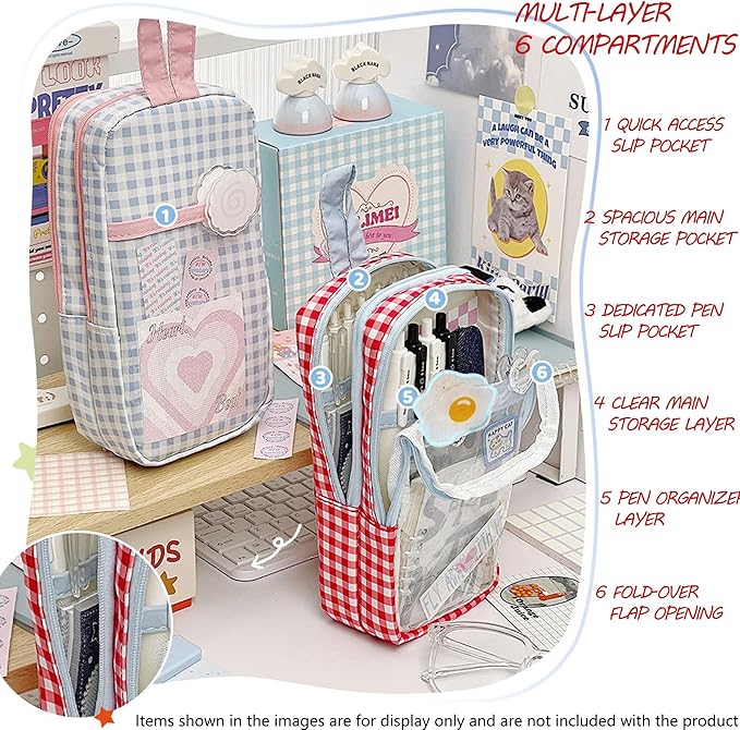 UINSUE Cute Pen case Adorable Bunny Transparent 3-Layer Large Capacity Pencil Case Gadget organizer with Lovely Stickers (Red Plaid)