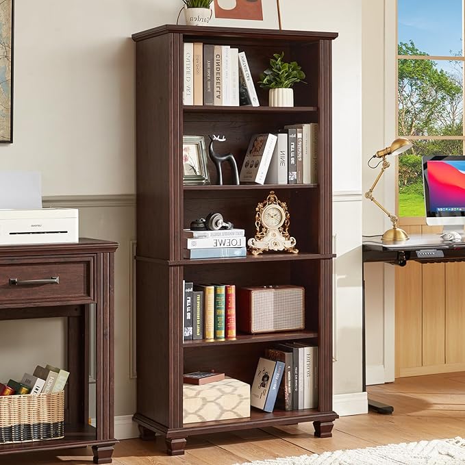 70" Tall Walnut Bookshelf,5 Tier Wooden Book Shelf with Adjustable Shelves & Wood Legs,Free Standing Farmhouse Bookcase with Open Display Storage,Vintage Bookshelves for Classroom, 2PCS