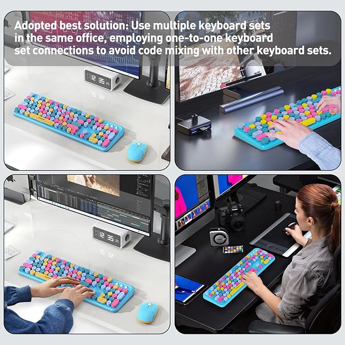 Keyboard and Mouse Wireless,Cute Retro Wireless Keyboard Mouse Combo with Round Key,2.4Ghz Dropout-Free Connection,Typewriter Wireless Keyboard Mouse Set for PC Laptop Desktop Computer-Blue Colorful