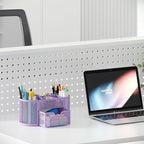 EasyPAG Mesh Pen Holder Desk Organizer with Drawer Stationery Supplies Organizer for Dorm School 9 Compartments Workspace Desk Accessories Organization for Office (Light Purple)