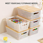 Anywish Storage Bins with Lids 10 Packs, Plastic Storage Bins with Bamboo Lids for Pantry Organization and Storage Containers for Shelves Drawers Desktop Closet Playroom Classroom Office Home, White