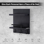 Lucundm Key Holder Wall Mount, Mail Shelf Decor with 3 Key Hooks, Versatile Wood Wall Organizer for Entryway Hallway (8.2” x 10.6”x 3.6”) (Black)