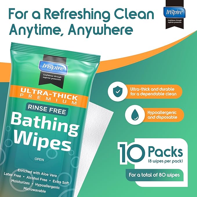 Inspire Ultra Thick Rinse-Free Bath Towels | Shower Towels - Flush-Free Wet Wipes with Aloe | Thick Strong Extra Large Towel for Adults | Body Wipes for Adults Bathing No Rinse
