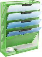 EASEPRES 6 Tier Mesh Hanging Wall File Organizer, Desk Vertical Mail Paper Document Folder Holder Rack with Bottom Tray and Nametag Label for Office Home School, Green