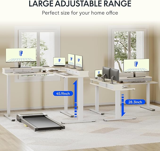 FLEXISPOT 63" L Shaped Standing Desk with Shelf Electric Corner Table, Drawers, Adjustable Computer Workstation for Home, Office, 63x55in, Light Maple Top + White Frame