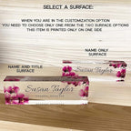Artblox Custom Desk Name Plate - Orchids Design on Clear Acrylic Glass - Personalized with Your Name and Credentials for Office