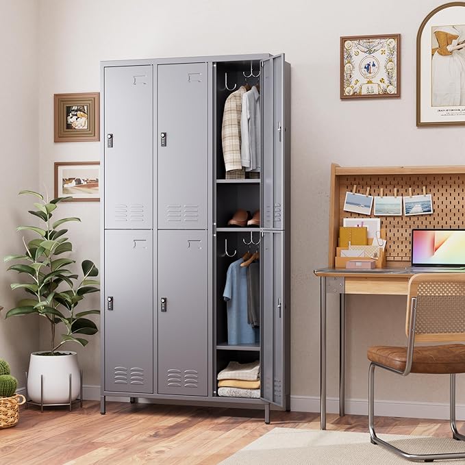 6 Doors Metal Locker for Employees with Combination Locks,Metal Lockers with Business Card Holder and 18 Hooks for School Garage Office Gym Home,Assembly Required,Dark Grey