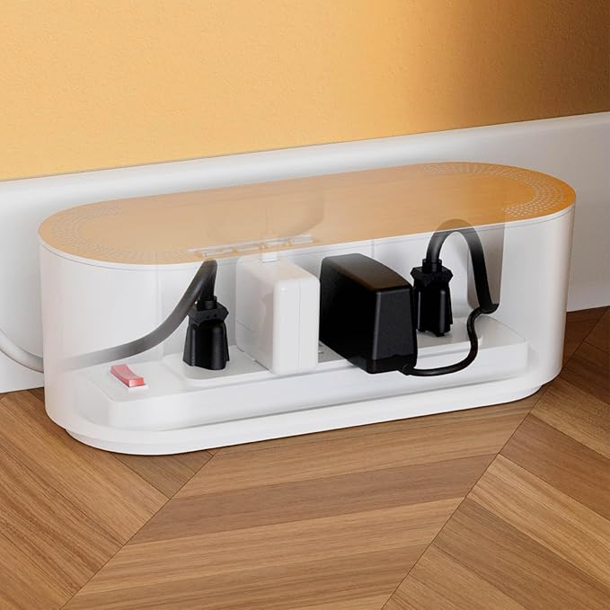 D-Line Cable Management Box, Power Strip Holder, Floor Outlet Hiders, Desk Cord Organizer, Cover TV Wires, Wire Storage, Extension Hider, Office Concealer for Cords - Small, Wood-Effect Lid