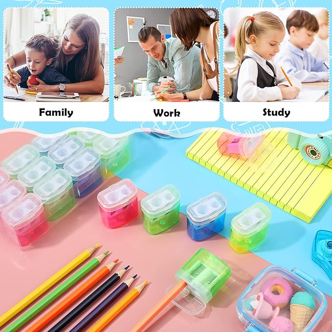 96 Pieces Pencil Sharpeners for Kids Colored Pencil Sharpeners Manual Double Hole Pencil Sharpener with Lid Hand Held Pencil Sharpener with Cover to Catch Shavings for School Office Home