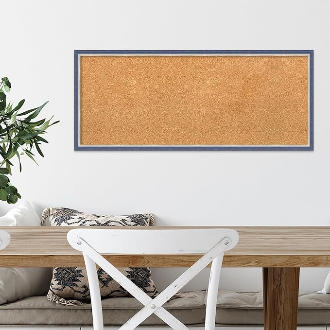 Amanti Art Natural Cork Board for Wall, 13x31 Vision Board with Blue Wood Frame, Medium Corkboard Office Decor for Home Organization, Modern Contemporary Corkboard Pinboard to display items for home