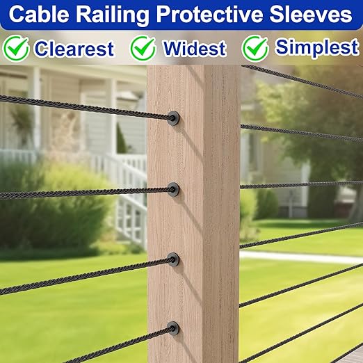 Steel DN Mate 100 Pack Cable Railing Protector Sleeves for 1/8” Deck Railing System, Black Cable Railing Kit Hardware for Wood Post, T316 Stainless Steel Marine Grade DB58