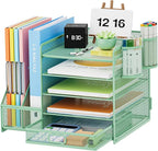 Marbrasse Desk Organizer with File Holder, 5-Tier Paper Letter Tray Organizer with Drawer and 2 Pen Holder, Mesh Desktop Organizer and Storage with Magazine Holder for Office Supplies (Green)