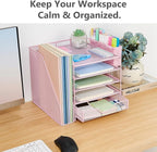 Gugsey Desk Organizer, 5-Tier Paper Letter Tray Organizer with File Holder, Drawer and Pen Holder, Desktop Organizer for Office Supplies, Pink