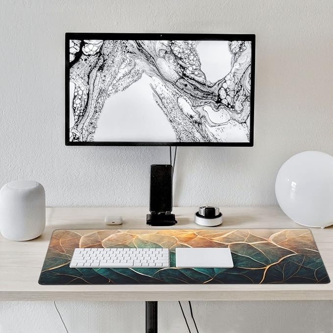 Gaming Mouse Pad,Large Mouse Pads for Desk,Non-Slip Rubber Base Extended Mousepad,XXL Keyboard Mouse Mat,Computer Keyboard Desk Pad with Stitched Edges,35.4x15.8inch,Abstract Blue Gold Floral Marble