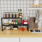 Jojocross Expandable Cabinet Shelf Organizer Storage Spice Rack Shelves for Kitchen Stackable Adjustable Pantry Cupboard Bathroom Countertop Desktop(2Packs/Black/Large-with Hole)