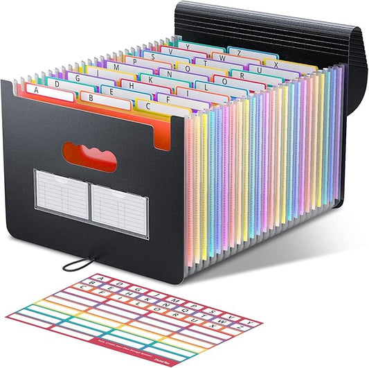 26 Pockets Accordion File Folder Organizer, Expanding Filing Box A4 Letter Size Expandable File Folders, Plastic Accordion Document Paper Coupon Bill Receipt Organizer with 3 A-Z Alphabet Colored Tabs