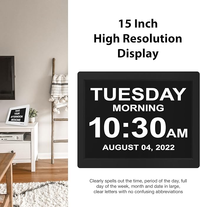 American Lifetime New 2026 Dementia Clock Large Digital Clock for Seniors, Alzeimer Clock Large Display with Custom Alarms, Clock with Day & Date for Elderly, Digital Calendar Mahogany, 15 Inch