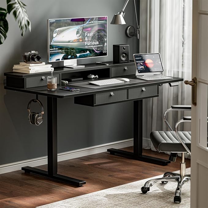 Grandder 47 x 28 inch Electric Standing Desk with 4 Drawers, Sit Stand Up Desk Adjustable Height with Storage Shelf for Home Office Ergonomic Adjustable Desk with Splice Board, Black