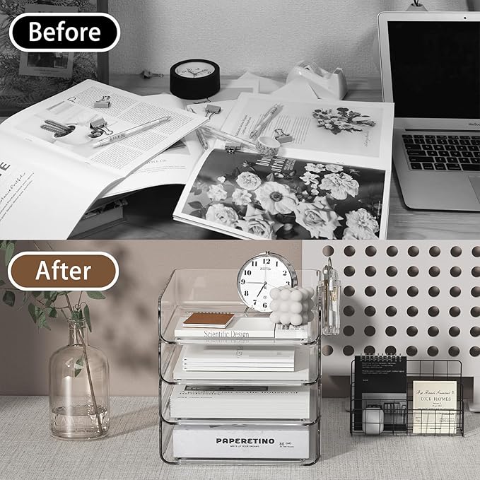 FANXIYQ 4-Tier Acrylic Paper Tray Organizer with Pen Holder | Clear Stackable Desk Organizer for Documents, Letters, A4 Paper | Modern Office/Classroom/Home Organization