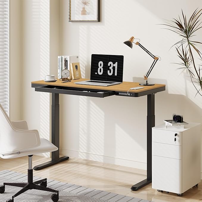 FLEXISPOT Comhar Electric Standing Desk with Drawer Desktop & Adjustable Frame w/USB Charge Ports (Bamboo-Look Laminate/Black, Wood)