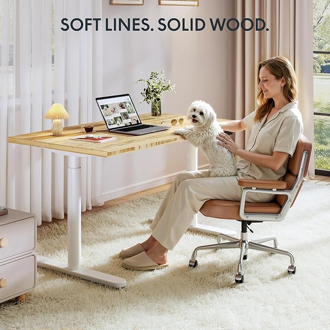 FLEXISPOT Bamboo Electric Standing Desk with Elegant Oval Legs, 60"x30" Height Adjustable Desk for Home Office & Living Spaces, White Frame