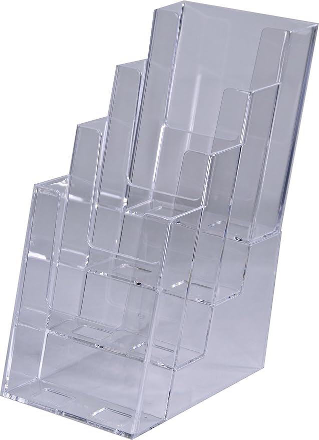 Clear-Ad - LHF-S104 - Acrylic Slant Back 4 Tier Trifold Brochure Display - Plastic Literature Holder for Flyers, Booklets, Bills, Mail, Letters, Cards, Pamphlets, Maps (Pack of 4)