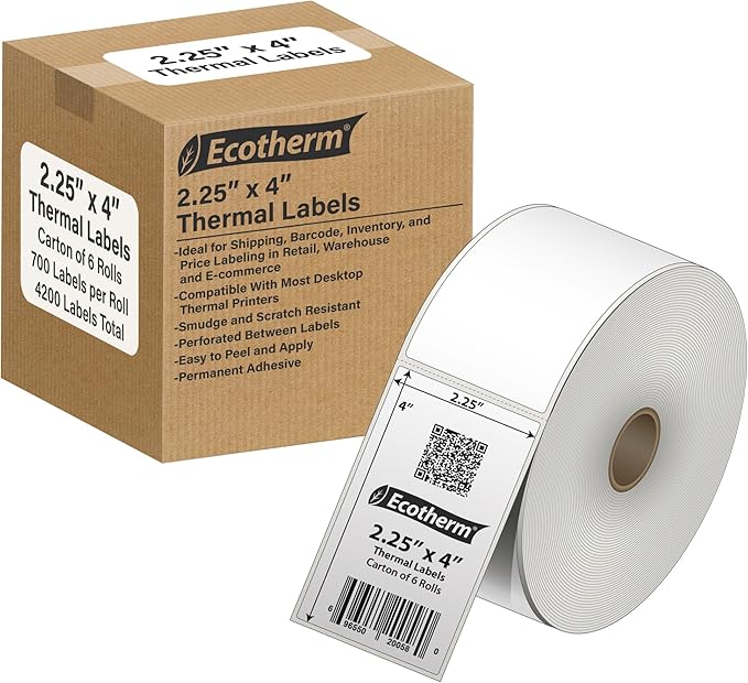 2.25" x 4" Thermal Labels | 6 Rolls | 4200 Labels | fits Zebra, Munbyn, Rollo, Godex, Arkscan, iDPRT, Offnova Thermal Label Printers and More | Blank White Adhesive Stickers by Ecotherm