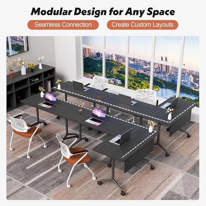 Goakwwuz Conference Room Table, Folding Conference Tables,Thicken Grey Tabletop,Flip Top Wooden Seminar Meeting Room Table for Conference Room Offices (10, BlackWoodGrain, 47.2“)