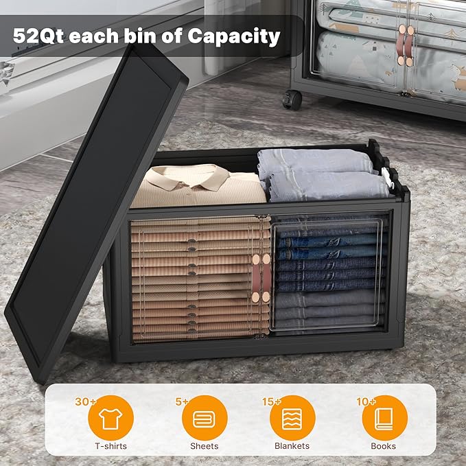 UAMFURI Extra Large Stackable Storage Bins with Lids & Wheels & Door, 208QT-52QT/13GAL*4Pack Foldable Collapsible Closet Organizers, Plastic containers drawers for bedroom Dorm