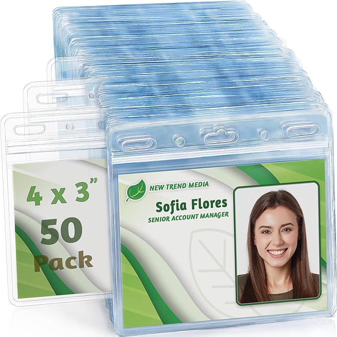 EcoEarth - Horizontal Card Protector w/Soft Edge - Sealable 4x3 Inch, Clear, 50 Pack - Waterproof ID Badge Holder - Plastic Name Tag Holder Bulk
