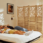 Room Divider Wood Carved Wall Divider Indoor Folding Portable Partition Screen for Home Office Garden Terrace - 4 Panel, 67 * 60inch (Wood)