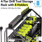 YFFSRJDJ Power Tool Organizer Wall Mount with Charging Station, 8 Drill Holder with 8-Outlet Power Strip, Garage Cordless Drill Storage and Organization, Battery Utility Rack