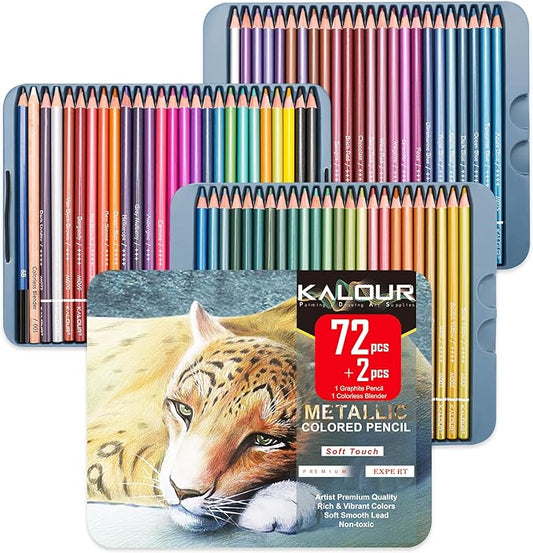 KALOUR 72 Piece Metallic Colored Pencils, Soft Core with Vibrant Color,Ideal for Drawing, Blending, Sketching, Shading, Coloring for Adults Artists Beginners