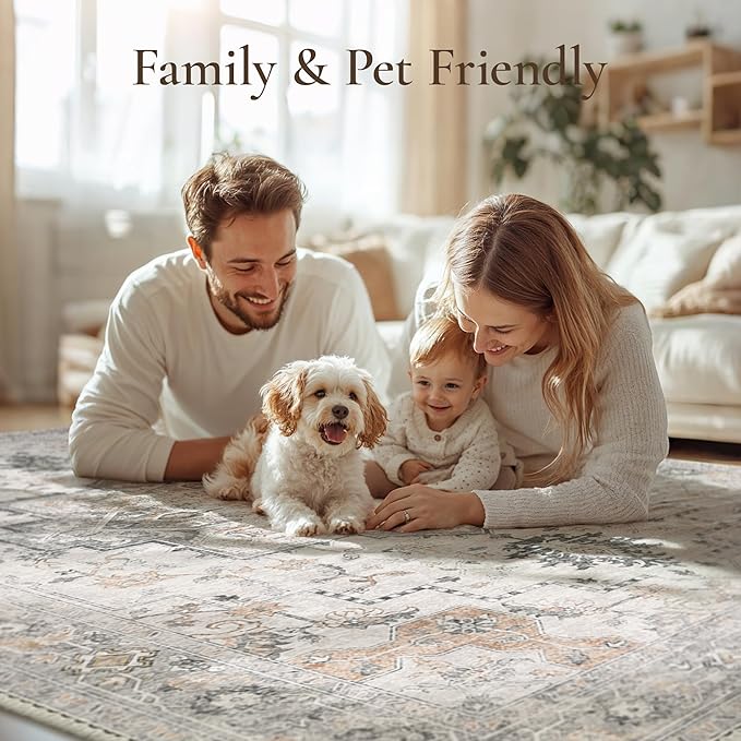 GENIMO Runner Rug 2'6"x7 Machine Washable Non Slip Vintage Hallway Runner Rug, Low Pile Lightweight Rugs for Indoor Entryway, Hallway, Kitchen and Corridor, Light Taupe Brown