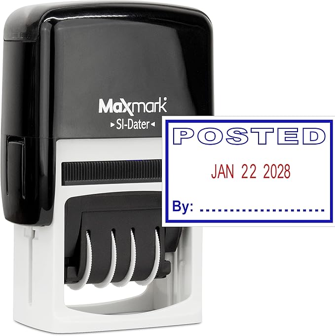 MaxMark Office Self Inking Date Stamp with Phrase Posted - 2 Color Blue/Red Ink